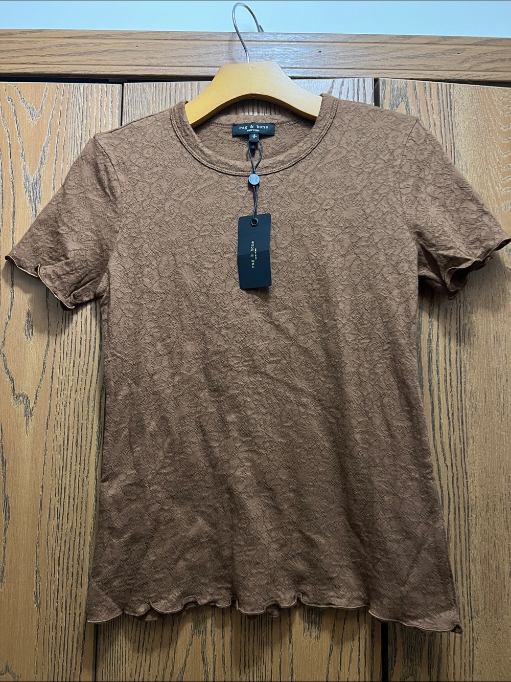 rag & bone Brown Textured Short Sleeve Crew Tee with Scalloped Hem